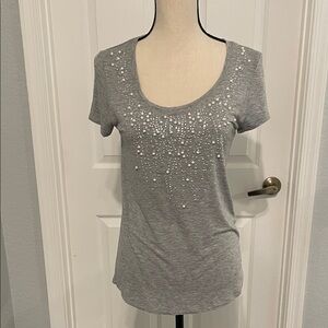 White House Black Market Gray Pearl Embellished Tee